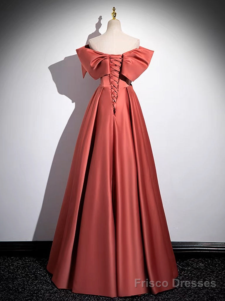 A-Line Off Shoulder Satin Watermelon Red Long Prom Dress, Watermelon Long Formal Dress