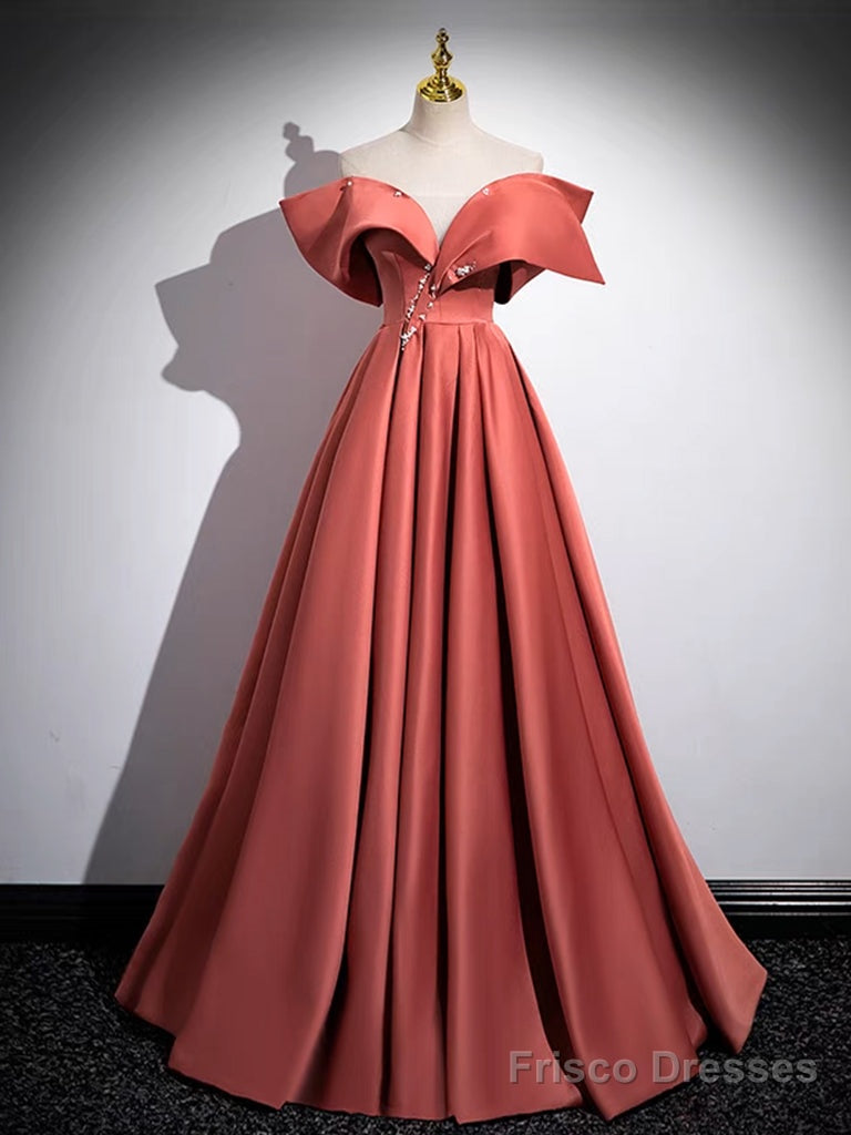 A-Line Off Shoulder Satin Watermelon Red Long Prom Dress, Watermelon Long Formal Dress Main image