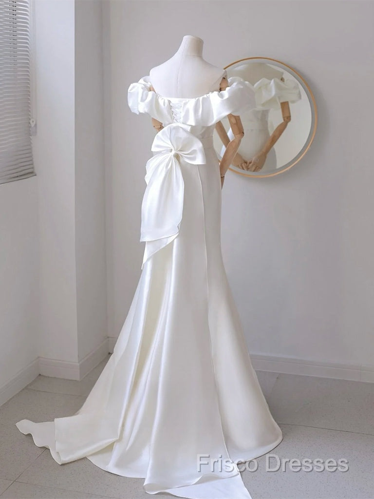 A-Line Off Shoulder Satin White Long Formal Prom Dress, White Long Party Dress Secondary image