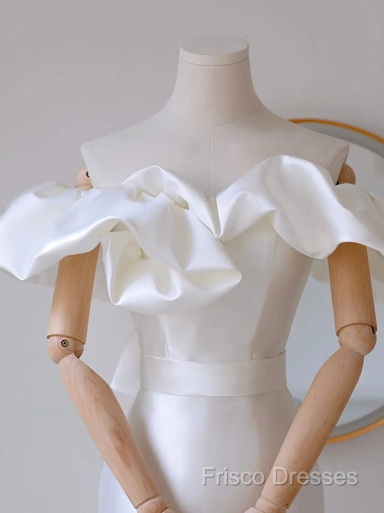 A-Line Off Shoulder Satin White Long Formal Prom Dress, White Long Party Dress