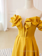 A-Line Off Shoulder Satin Yellow Long Formal Prom Dress, Yellow Formal Evening Dress