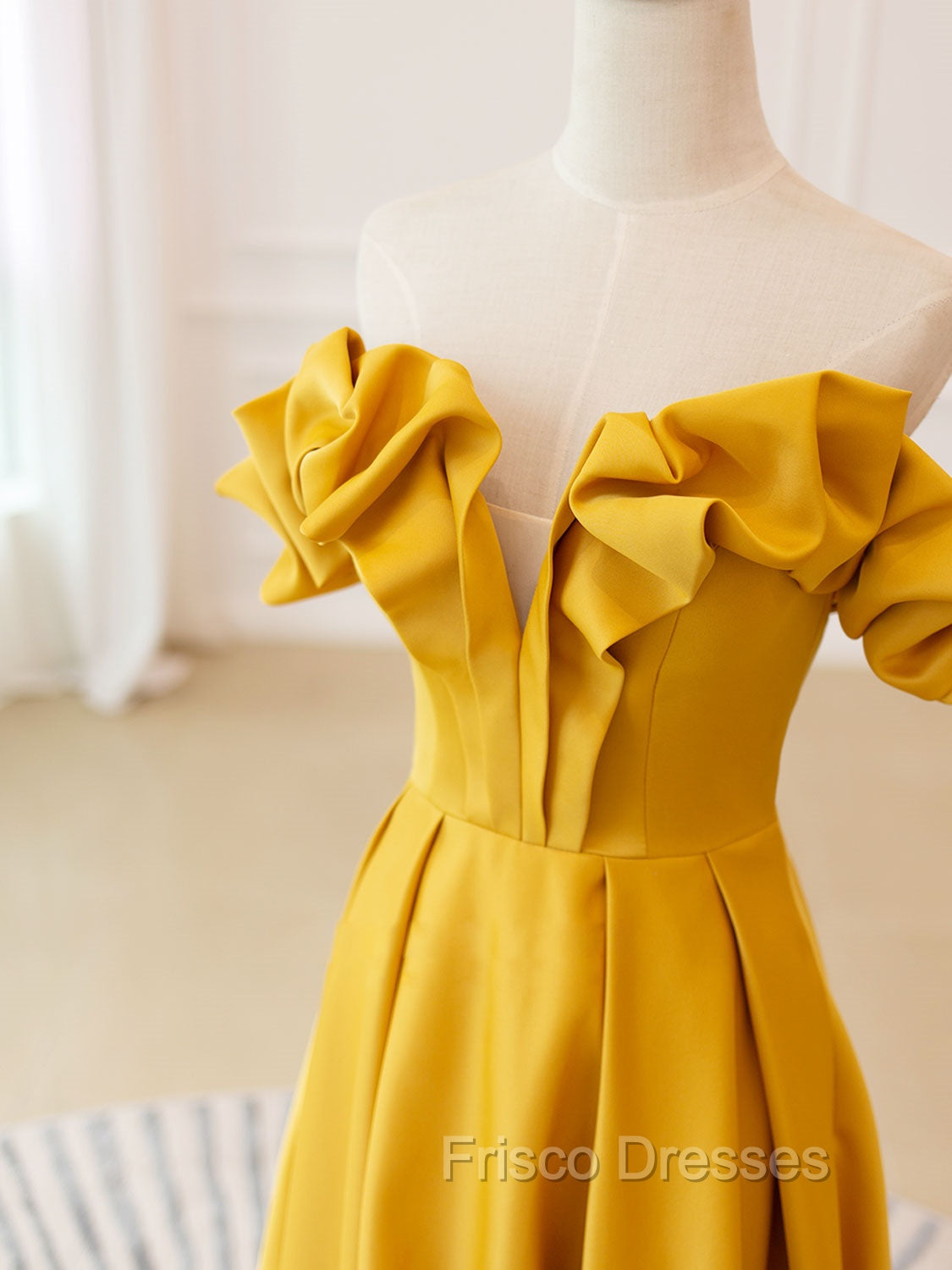 A-Line Off Shoulder Satin Yellow Long Formal Prom Dress, Yellow Formal Evening Dress