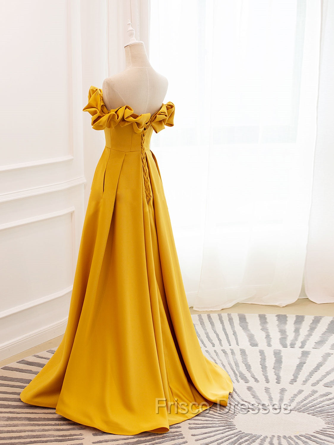 A-Line Off Shoulder Satin Yellow Long Formal Prom Dress, Yellow Formal Evening Dress