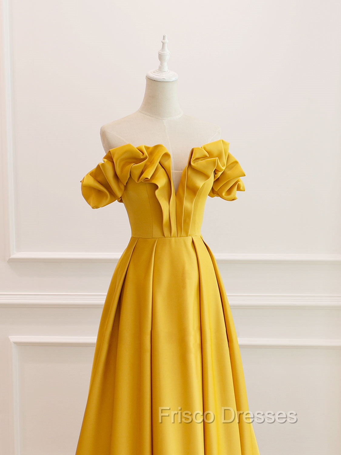 A-Line Off Shoulder Satin Yellow Long Formal Prom Dress, Yellow Formal Evening Dress