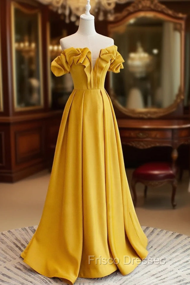 A-Line Off Shoulder Satin Yellow Long Formal Prom Dress, Yellow Formal Evening Dress Main image