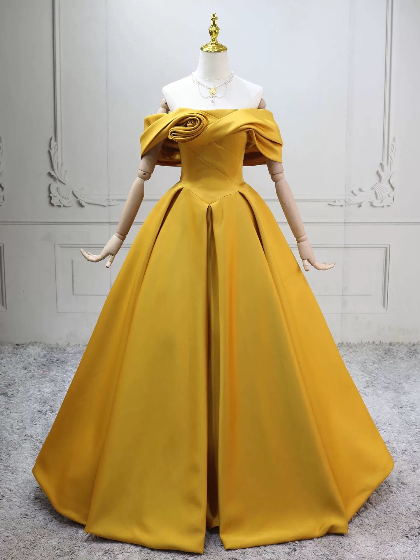 A-Line Off Shoulder Satin Yellow Long Prom Dress, Yellow Long Evening Dress Main image