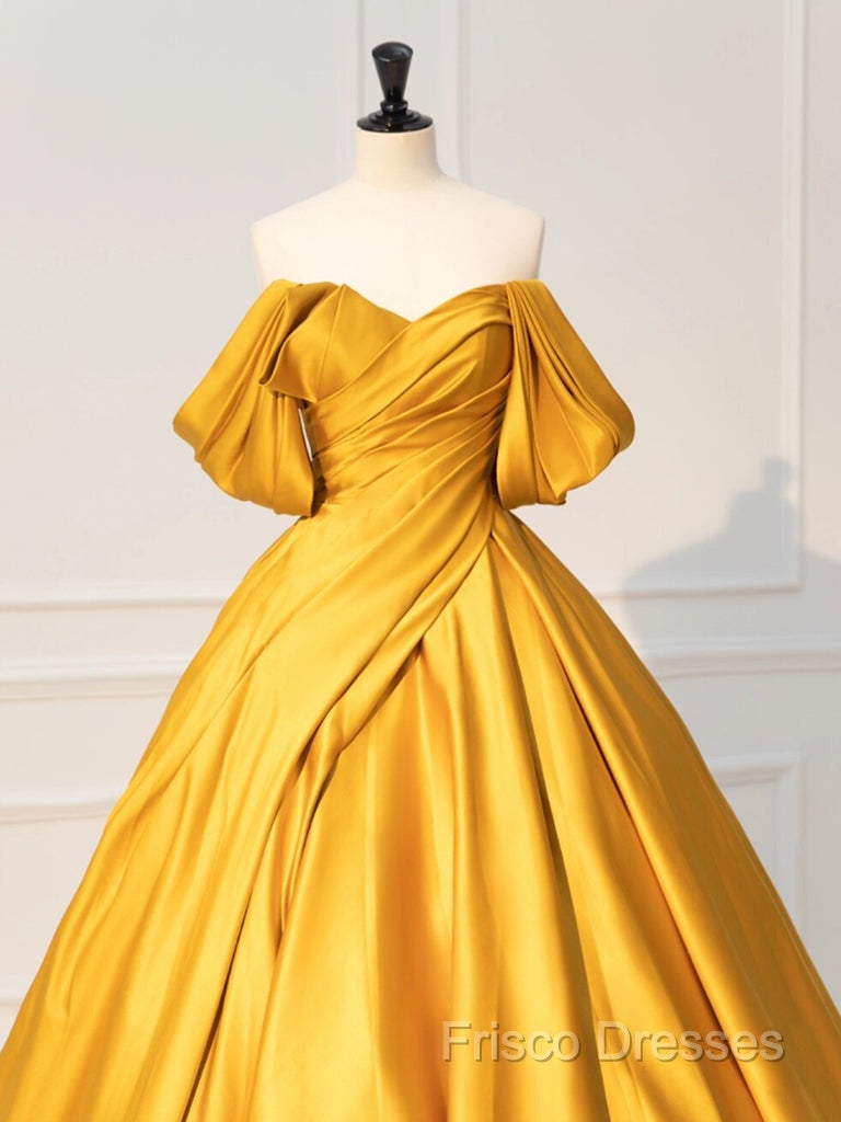 A-Line Off Shoulder Satin Yellow Long Formal Prom Dress, Yellow Long Formal Dress