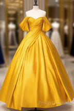 A-Line Off Shoulder Satin Yellow Long Formal Prom Dress, Yellow Long Formal Dress