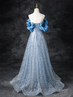 A-Line Off Shoulder Sequin Beads Blue Long Formal Prom Dress Sparkly Formal Dress