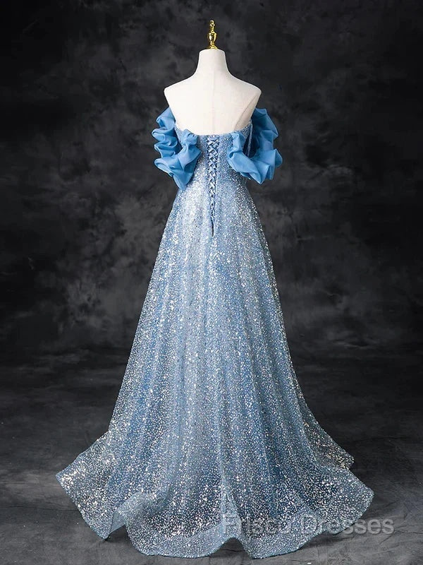 A-Line Off Shoulder Sequin Beads Blue Long Formal Prom Dress Sparkly Formal Dress