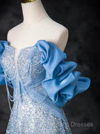 A-Line Off Shoulder Sequin Beads Blue Long Formal Prom Dress Sparkly Formal Dress