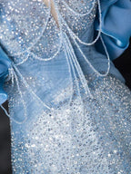 A-Line Off Shoulder Sequin Beads Blue Long Formal Prom Dress Sparkly Formal Dress