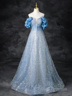 A-Line Off Shoulder Sequin Beads Blue Long Formal Prom Dress Sparkly Formal Dress