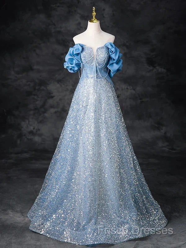 A-Line Off Shoulder Sequin Beads Blue Long Formal Prom Dress Sparkly Formal Dress