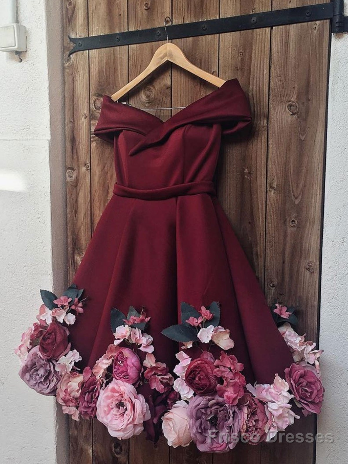 A Line Off Shoulder Short Burgundy Floral Prom Dresses, Short Burgundy Floral Formal Graduation Cocktail Dresses Main image