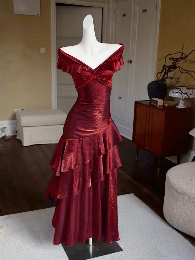 A-Line Off Shoulder Silk Floor Length Burgundy Prom Dress