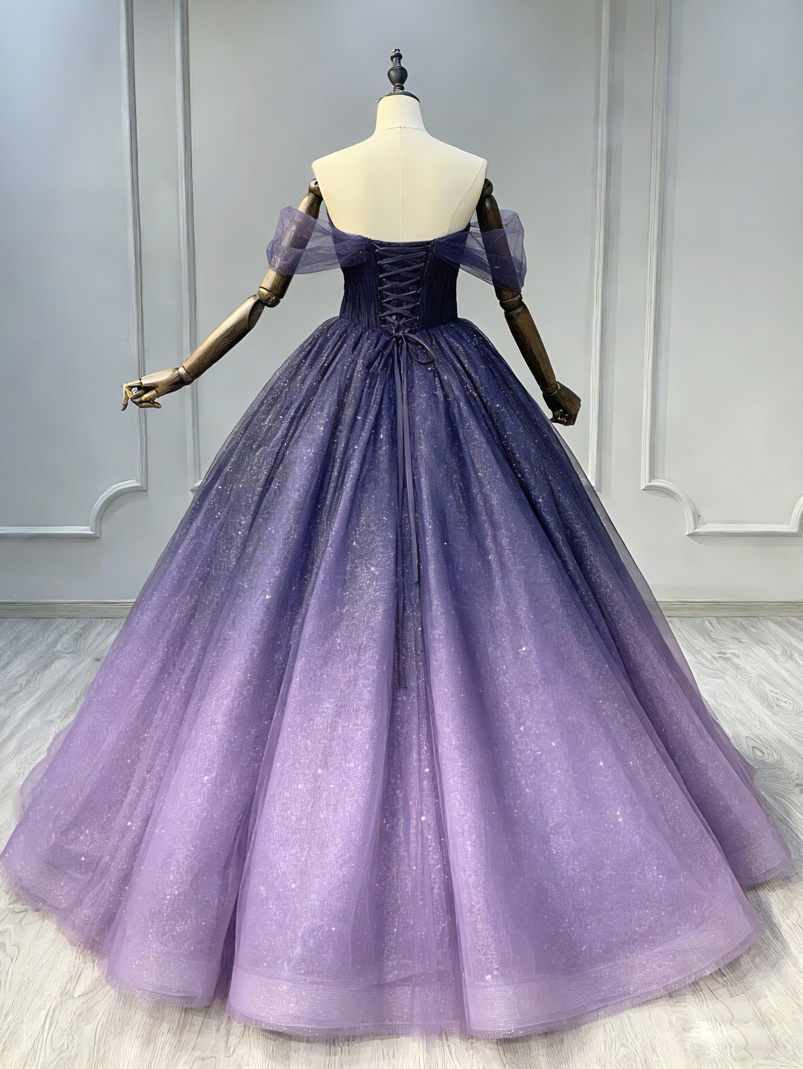 A-Line Off Shoulder Sweetheart Shiny Tulle Purple Ball Gown Prom Dress Secondary image