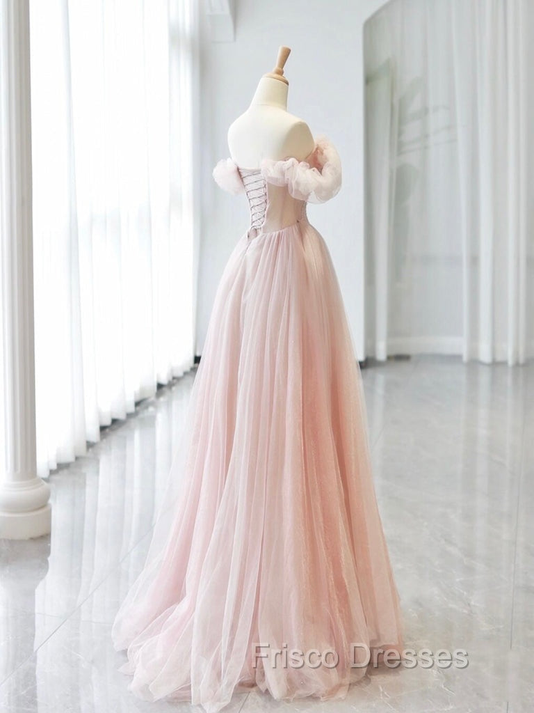 A-Line Off Shoulder Tulle Beads Pink Long Formal Prom Dress, Pink Tulle Long Formal Dress Secondary image