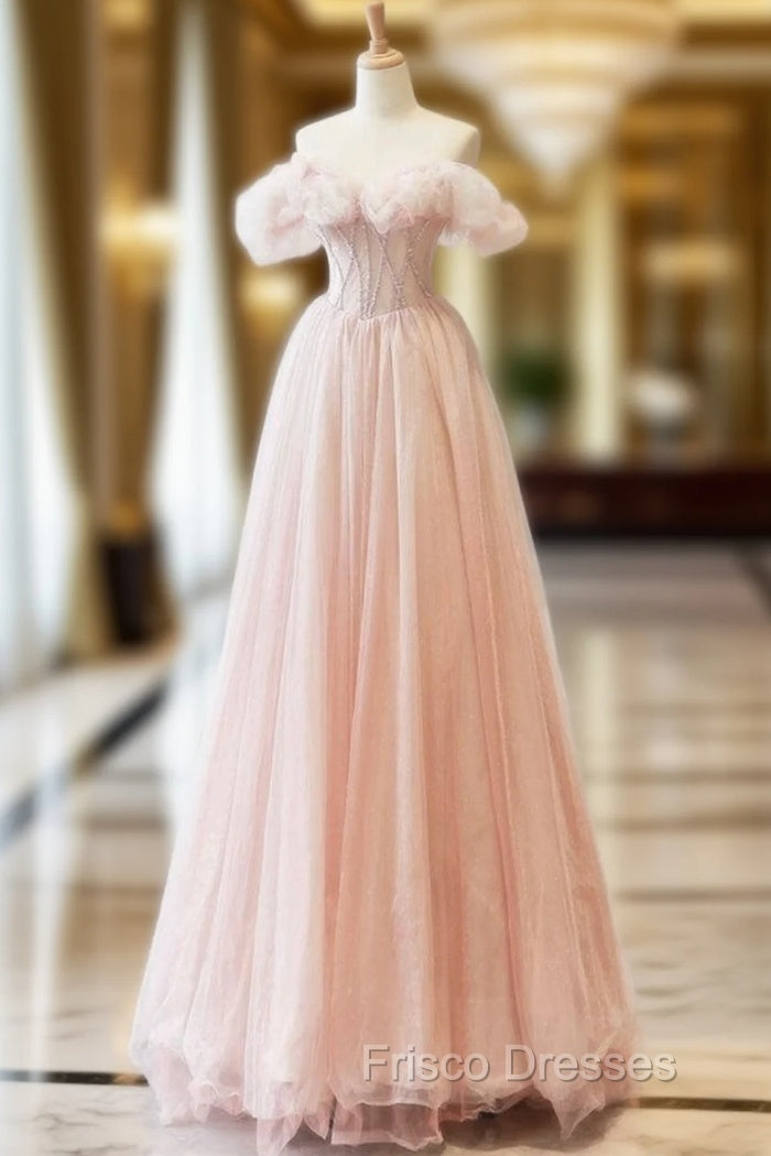 A-Line Off Shoulder Tulle Beads Pink Long Formal Prom Dress, Pink Tulle Long Formal Dress Main image