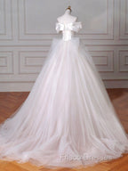 A-Line Off Shoulder Tulle Beige Long Formal Prom Dress, Beige Tulle Long Formal Dress