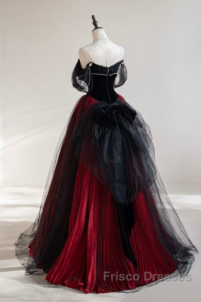 A-Line Off Shoulder Tulle Black/Burgundy Long Formal Prom Dress Secondary image