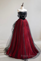 A-Line Off Shoulder Tulle Black/Burgundy Long Formal Prom Dress