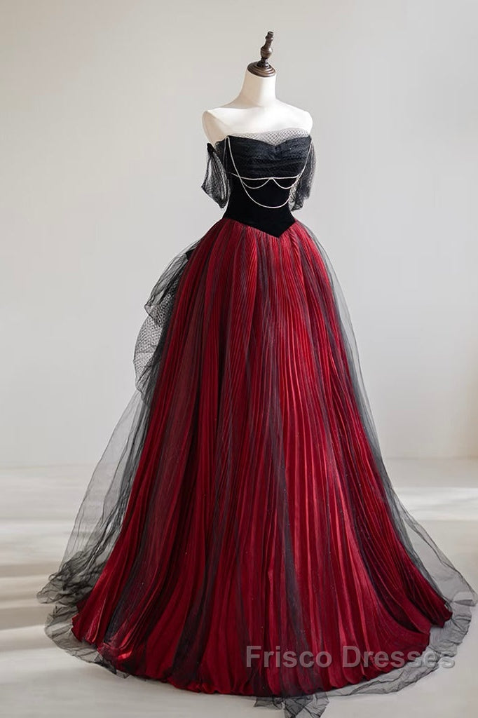 A-Line Off Shoulder Tulle Black/Burgundy Long Formal Prom Dress
