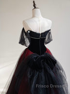 A-Line Off Shoulder Tulle Black/Burgundy Long Formal Prom Dress