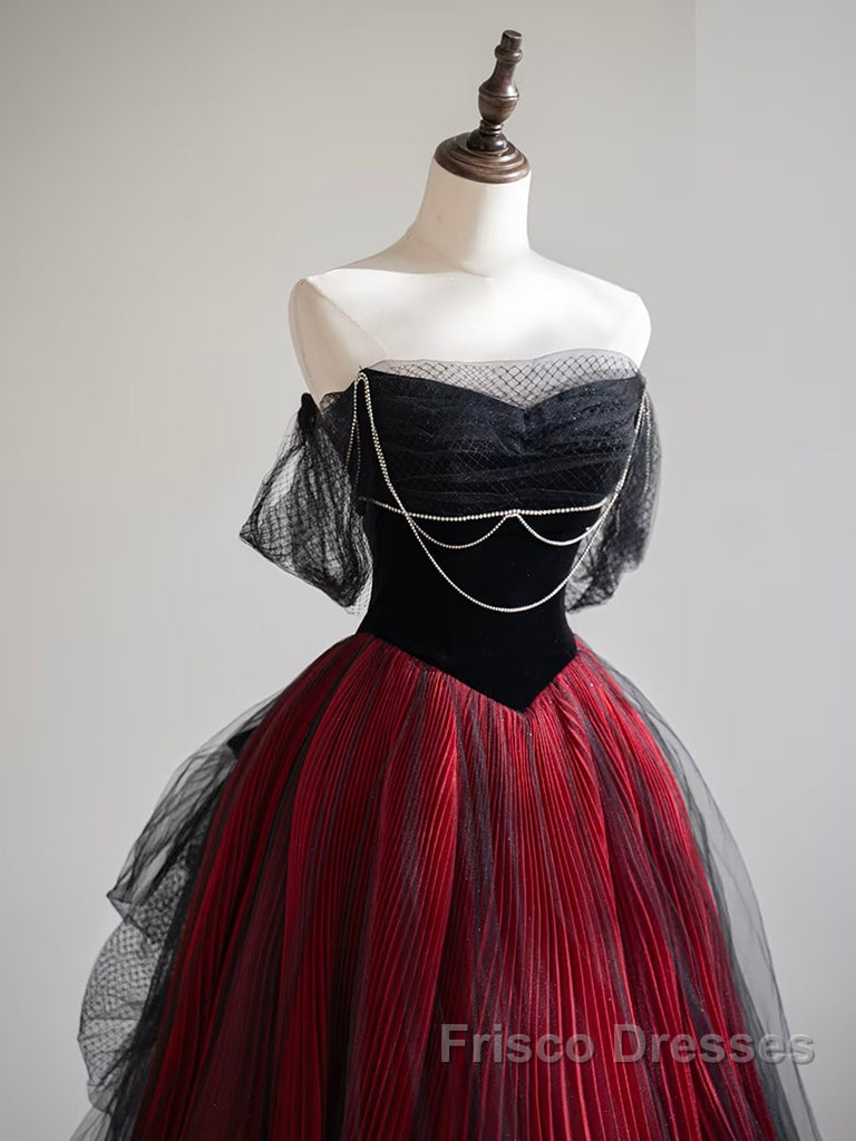 A-Line Off Shoulder Tulle Black/Burgundy Long Formal Prom Dress