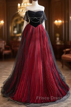 A-Line Off Shoulder Tulle Black/Burgundy Long Formal Prom Dress