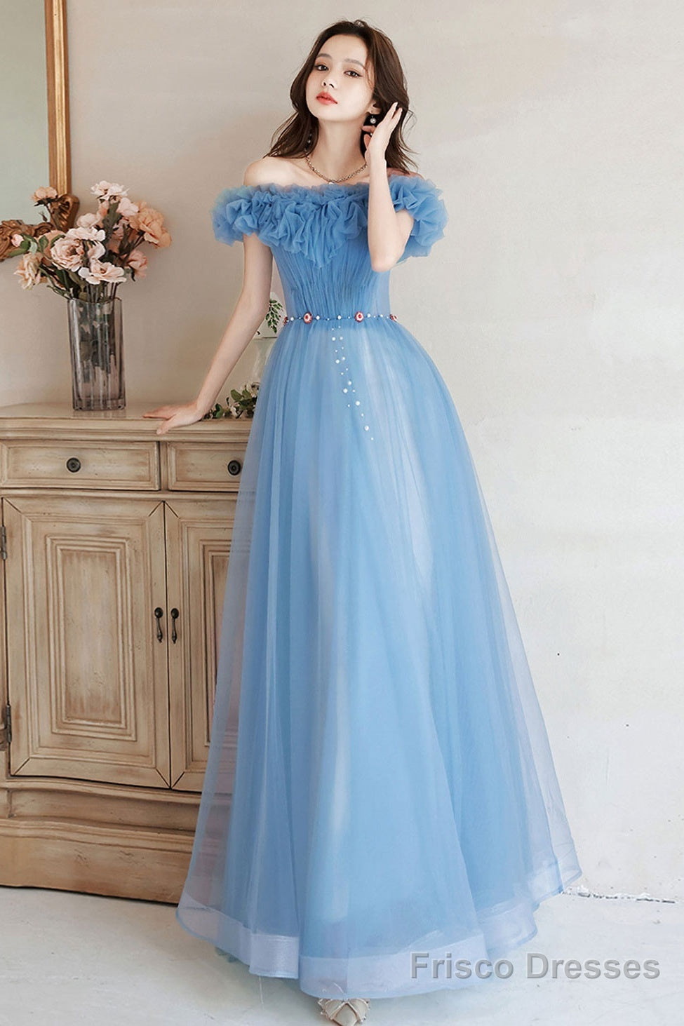 A-Line Off Shoulder Tulle Blue Long Prom Dress, Blue Formal Dresses Main image