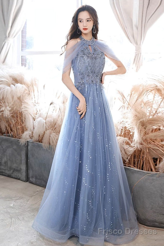 A-Line Off Shoulder Tulle Blue Long Prom Dress, Blue Lace Long Formal Dress Main image