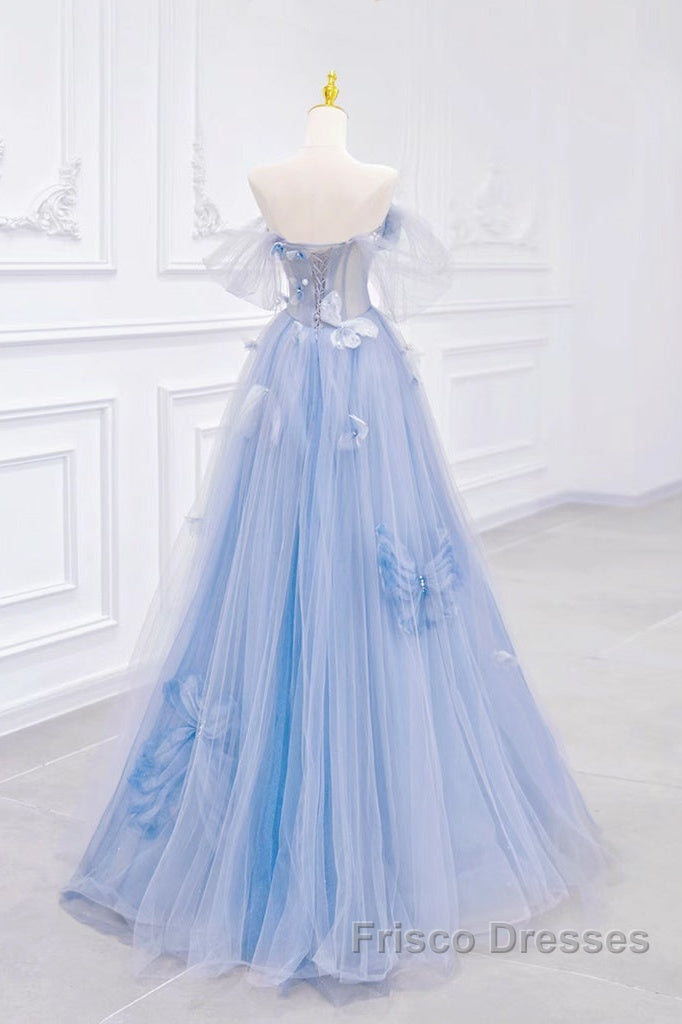 A-Line Off Shoulder Tulle Blue Long Formal Prom Dress, Blue Long Formal Dress Secondary image