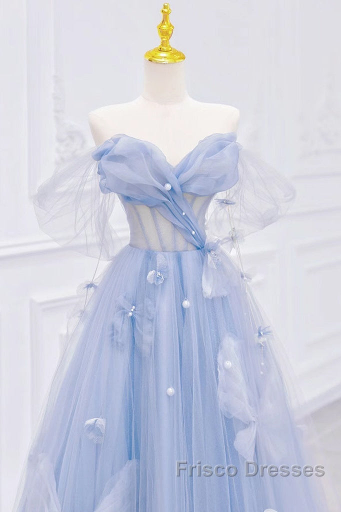 A-Line Off Shoulder Tulle Blue Long Formal Prom Dress, Blue Long Formal Dress