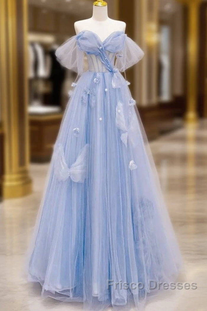 A-Line Off Shoulder Tulle Blue Long Formal Prom Dress, Blue Long Formal Dress Main image