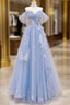 A-Line Off Shoulder Tulle Blue Long Formal Prom Dress, Blue Long Formal Dress
