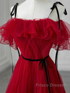 A-Line Off Shoulder Tulle Burgundy Long Formal Prom Dress, Burgundy Long Formal Dress