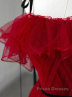 A-Line Off Shoulder Tulle Burgundy Long Formal Prom Dress, Burgundy Long Formal Dress