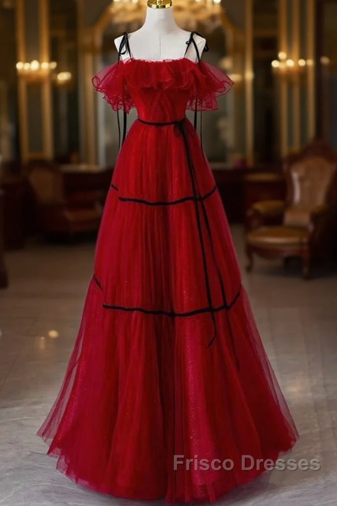 A-Line Off Shoulder Tulle Burgundy Long Formal Prom Dress, Burgundy Long Formal Dress Main image