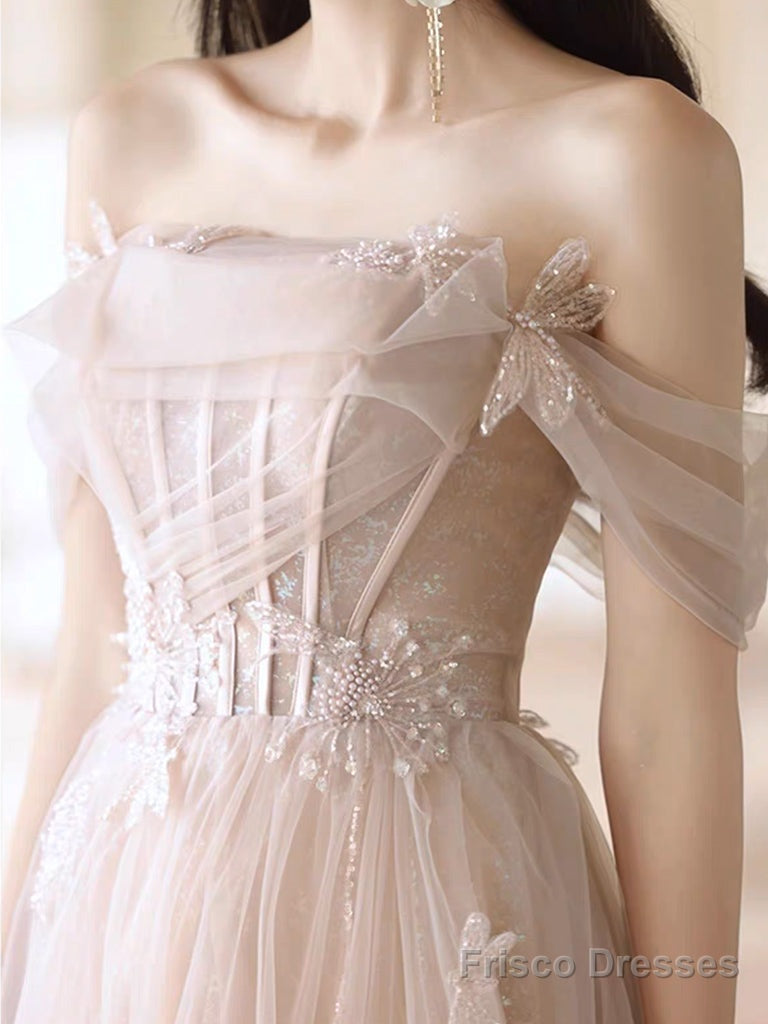 A-Line Off Shoulder Tulle Champagne Long Prom Dress, Champagne Long Formal Dress Secondary image