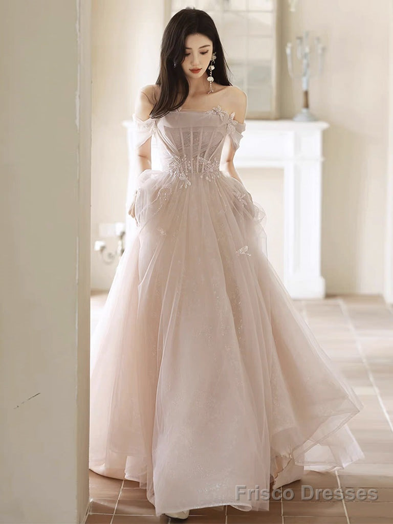 A-Line Off Shoulder Tulle Champagne Long Prom Dress, Champagne Long Formal Dress Main image