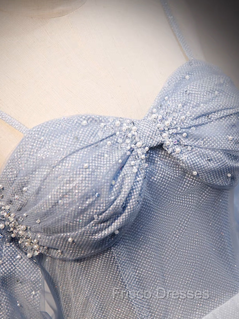 A-Line Off Shoulder Tulle Gray Blue Long Formal Prom Dress, Gray Blue Long Formal Dress