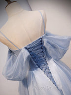 A-Line Off Shoulder Tulle Gray Blue Long Formal Prom Dress, Gray Blue Long Formal Dress