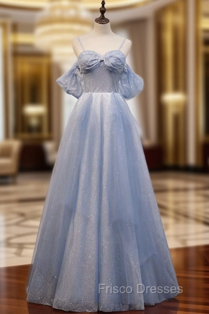 A-Line Off Shoulder Tulle Gray Blue Long Formal Prom Dress, Gray Blue Long Formal Dress