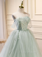 A-Line Off Shoulder Tulle Green Long Formal Prom Dress, Green Formal Dress with Beading