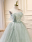 A-Line Off Shoulder Tulle Green Long Formal Prom Dress, Green Formal Dress with Beading