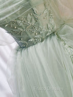 A-Line Off Shoulder Tulle Green Long Formal Prom Dress, Green Formal Dress with Beading