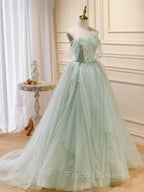 A-Line Off Shoulder Tulle Green Long Formal Prom Dress, Green Formal Dress with Beading