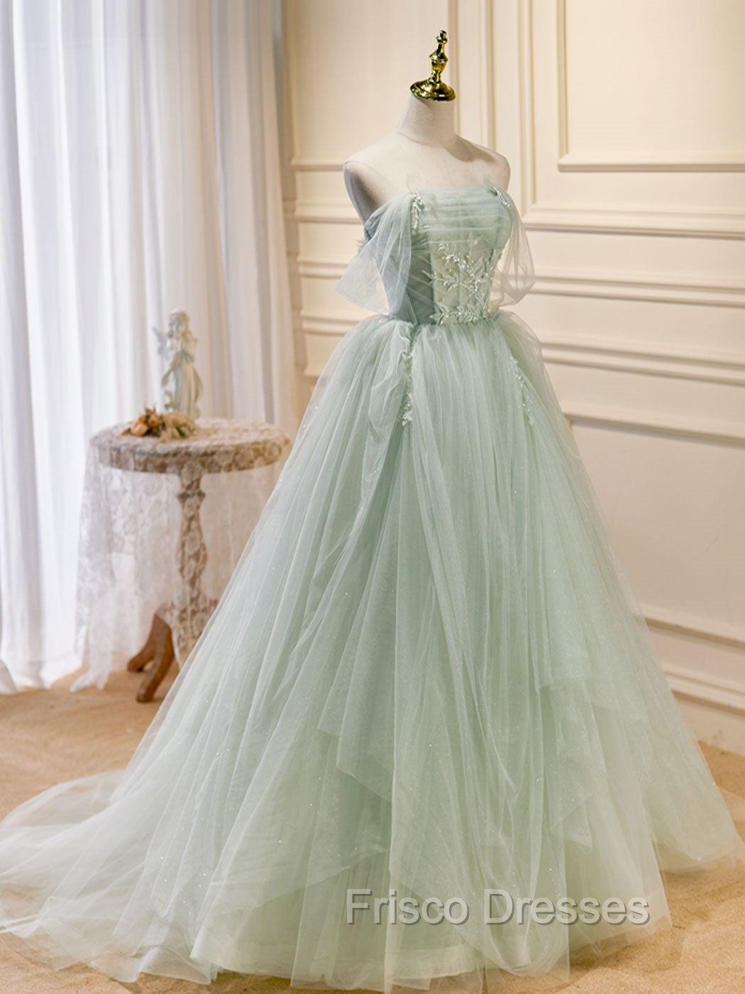 A-Line Off Shoulder Tulle Green Long Formal Prom Dress, Green Formal Dress with Beading