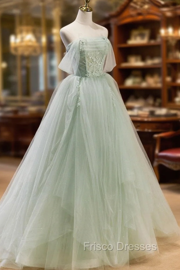 A-Line Off Shoulder Tulle Green Long Formal Prom Dress, Green Formal Dress with Beading